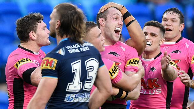 Isaah Yeo of the Panthers celebrates scoring a try during the round 11 NRL match between the Gold Coast Titans and the Penrith Panthers at Cbus Super Stadium.