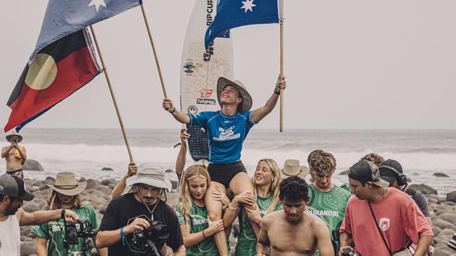 Gold Coast surfer Ziggy Mackenzie won gold in under-16 girls division. Picture: ISA/Pablo Franco