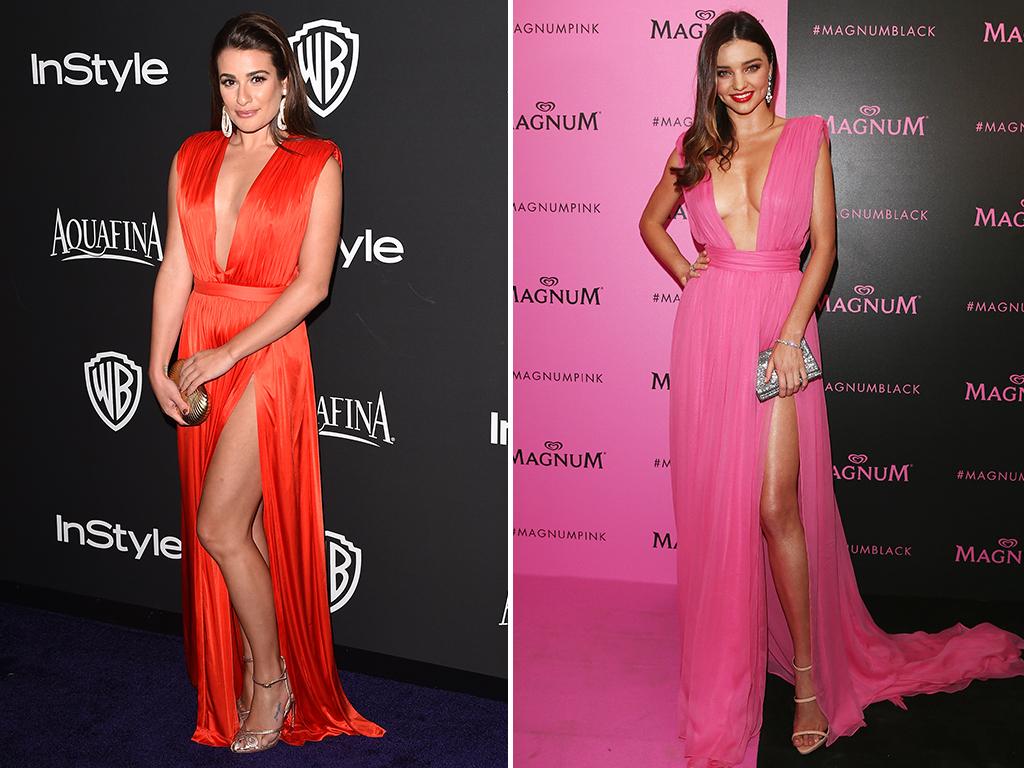 Miranda Kerr made a racy splash at this year’s Cannes in a plunging pink gown by Emanuel Ungaro which was remarkably similar to the one Lea Michele wore to the InStyle Golden Globes afterparty. Pictures: Getty