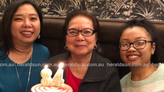 Gely Costanilla (centre) died from coronavirus. Pictured with daughter Rachel Rojales (left) and granddaughter Megan (right). Picture: Supplied