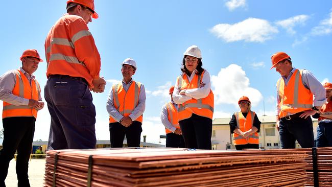 Queensland Annastacia Palaszczuk in Townsville at Glencore Copper Refinery to announce the government’s North Queensland Recovery Plan. Pictured with Treasurer Cameron Dick and CPL employees. Picture: Alix Sweeney