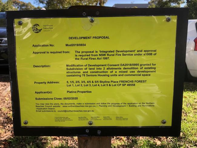 The notice of modifications to the development at the Skyline Business Park at Frenchs Forest. Picture: Jim O'Rourke