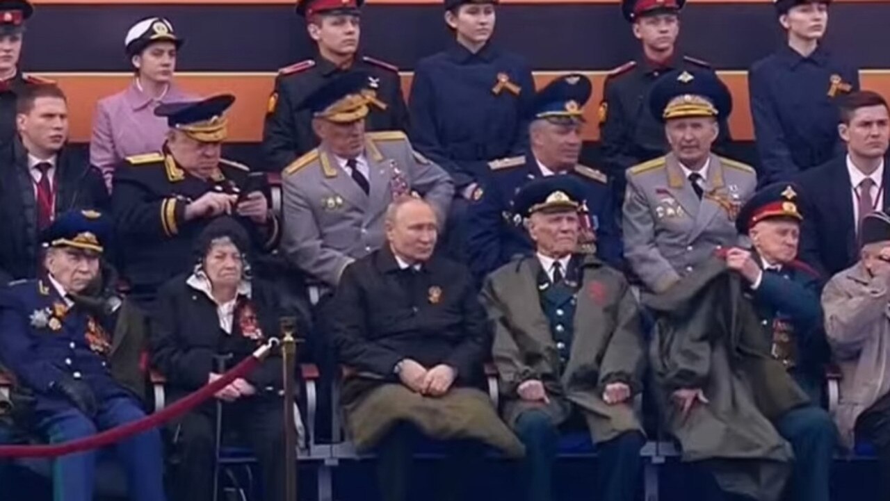 Vladimir Putin seen with a thick blanket over his legs during the May 9 Victory Day parade in Moscow. Picture: Supplied.