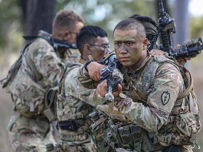 US Army Specialist Jose Castaneda from the US Army’s 25th Division using technology similar to a “real life” game of laster tag during Exercise Talisman Sabre 2023. Picture: US Army