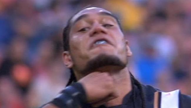 Tauapau’s infamous throat-slitting gesture from the 2015 Anzac Test.