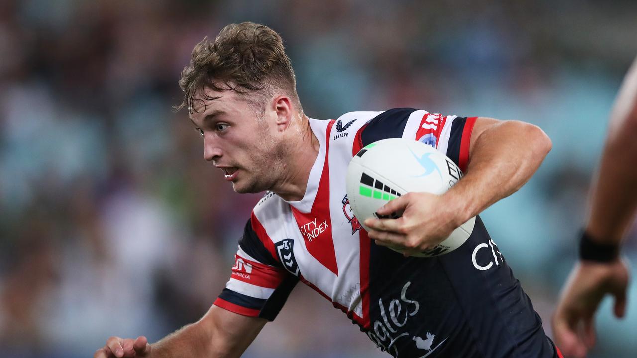 SYDNEY, AUSTRALIA - MARCH 25: Sam Walker of the Roosters runs with the ball during the round three NRL match between the South Sydney Rabbitohs and the Sydney Roosters at Accor Stadium, on March 25, 2022, in Sydney, Australia. (Photo by Matt King/Getty Images)