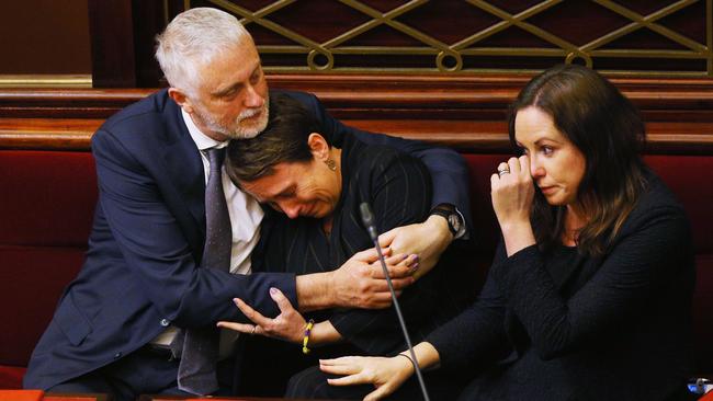 Victorian state Labor MP Jaala Pulford is hugged by MP Gavin Jennings in 2017 after speaking about the loss of her daughter. Picture: Getty Images