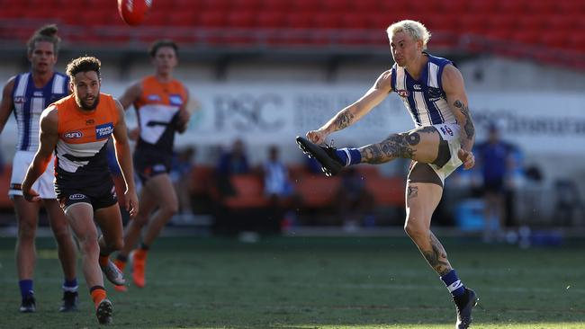 North Melbourne’s Jasper Pittard kicks a goal during the Kangaroos’ 20-point win over GWS at Giants Stadium on Sunday. Picture: Getty Images