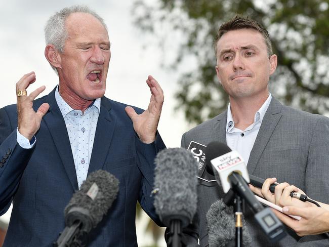 One Nation party officials Steve Dickson (left) and James Ashby field questions during a press conference in Brisbane, Tuesday, March 26, 2019. The pair have been caught in an al-Jazeera investigation which used hidden cameras and a journalist posing as a grassroots gun campaigner to expose the far-right party's extraordinary efforts to secure funding in Washington DC in September.(AAP Image/Dave Hunt) NO ARCHIVING