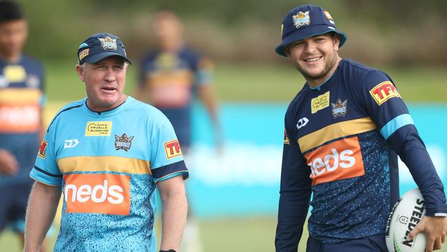 Titans coach Garth Brennan and Ash Taylor at Gold Coast training. Picture: Getty Images