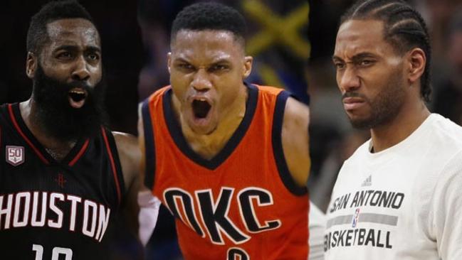 NBA MVP Candidates: James Harden, Russell Westbrook and Kawhi Leonard.