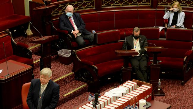 Members of Victoria’s Legislative Council sit despite the Chief Health Officer‘s advice. Picture: Andrew Henshaw