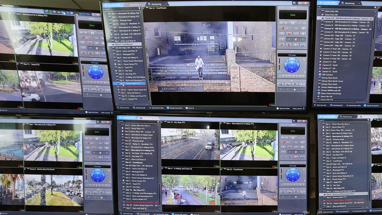 CCTV screens inside the watch tower at Geelong police station. Picture: Alan Barber.