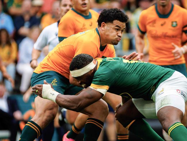 Australia's Hunter Paisami stopped by the Springboks defence in the heavy loss in Perth. Picture: AFP