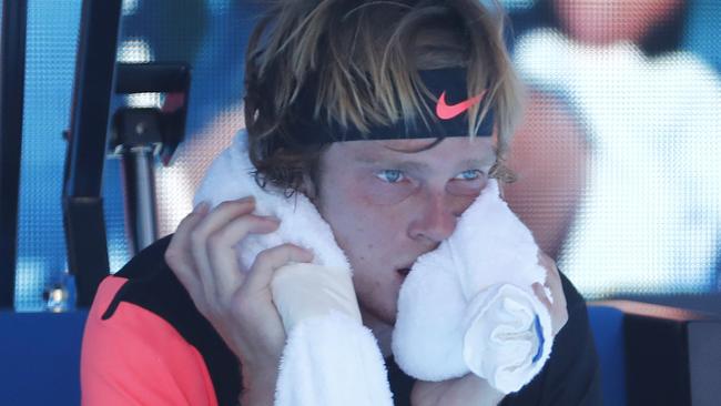 Russian Andrey Rublev was also feeling the heat in his match against Grigor Dimitrov. Picture: Michael Klein