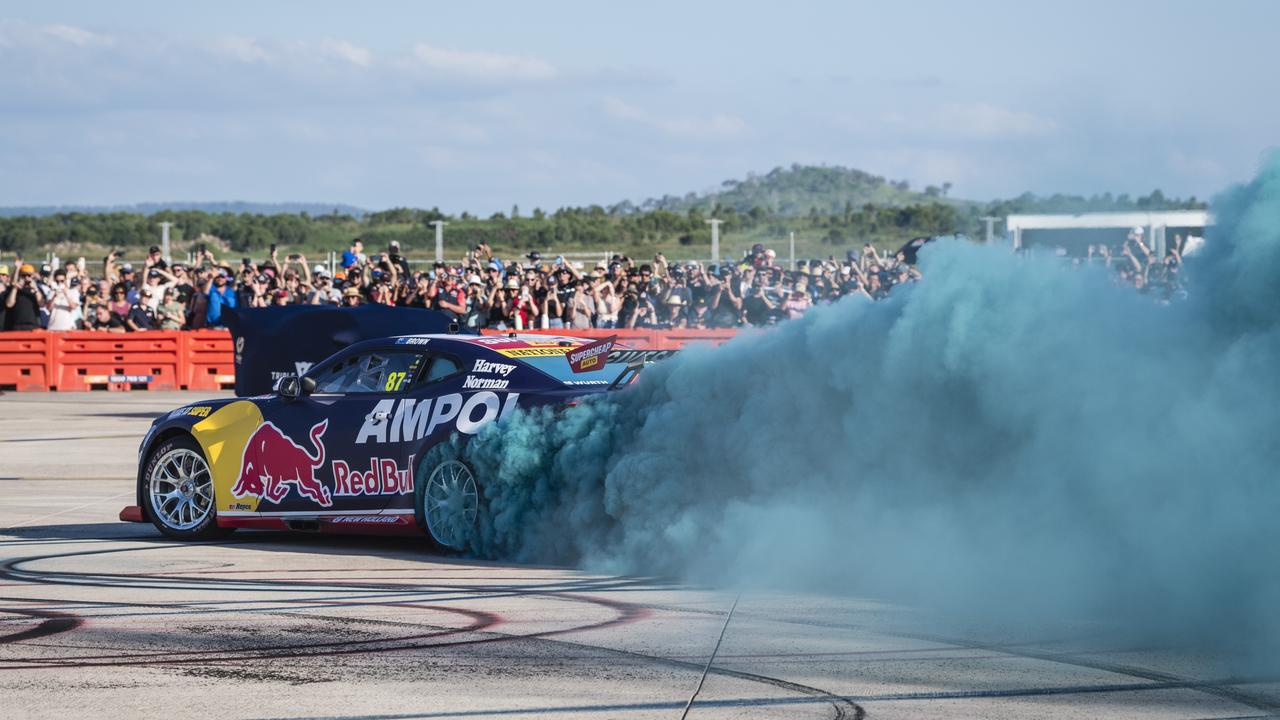Toowoomba driver Will Brown burns rubber as V8 Supercars team Red Bull Ampol Racing launch their 2024 livery at Toowoomba Wellcamp Airport, Saturday, February 3, 2024. Picture: Kevin Farmer