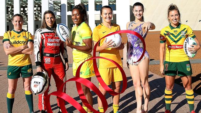 Ash Hewson, Simona De Silvestro, Ellia Green, Caitlin Foord, Danielle Prince and Sam Bremner in Canberra on Tuesday.