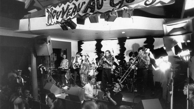 Adelaide dance band Nouveau Au Go Go records a live video session on the stage at Limbo nightclub in 1990. Picture: Hugh Hartshorne