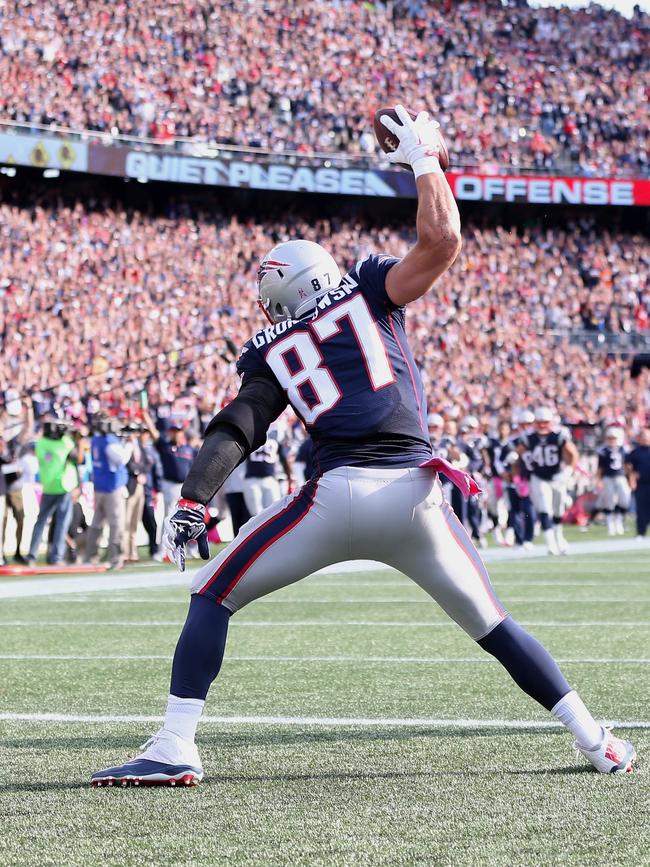 Gronkowski does the “Gronk spike” touchdown celebration.