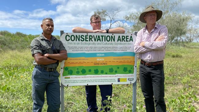 Officer in Charge of South Kolan Police Matt Swan, traditional owner Everett Johnson and Bundaberg Sugar general manager of farms Simon Doyle said it was frustrating to see people trespassing, stealing and even cutting trees on the private property.