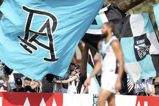 The Port Adelaide faithful celebrate a goal against the Crows at Port Pirie’s Memorial Oval. Picture SARAH REED