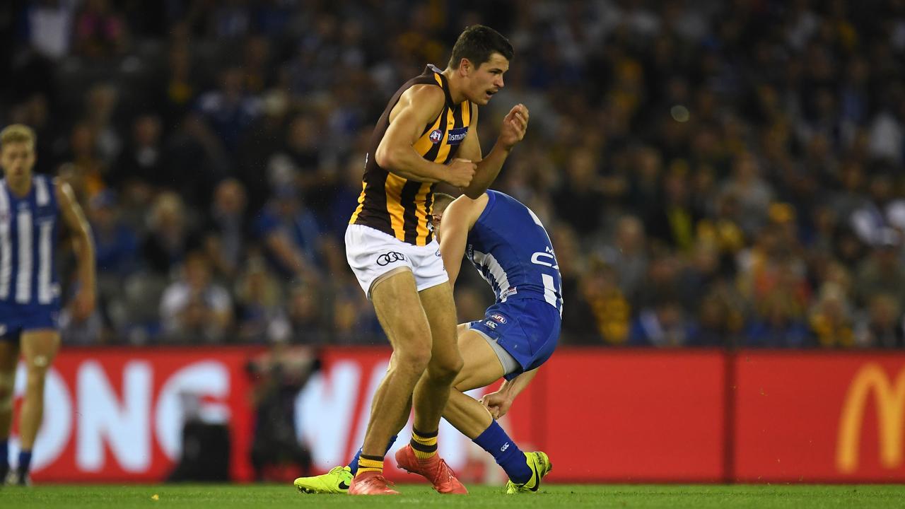 Ryan Burton was not penalised for this bump. (AAP Image/Julian Smith)