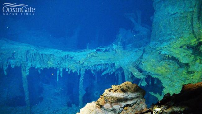 The Titanic’s chandeliers can be seen from the submersible. Picture: OceanGate/Facebook