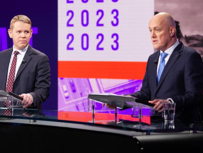 Chris Hipkins and Christopher Luxon in the first Leaders' Debate on TV1 19 September 2023picure suppliedcredit: TVNZ