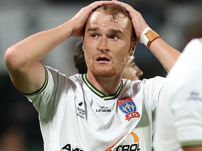 PERTH, AUSTRALIA - MARCH 09: Phillip Cancar of the Jets reacts after a Glory goal during the A-League Men round 20 match between Perth Glory and Newcastle Jets at HBF Park, on March 09, 2024, in Perth, Australia. (Photo by Paul Kane/Getty Images)