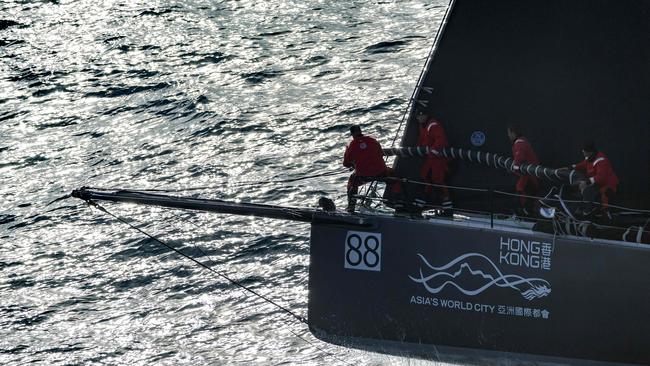 Scallywag sailing towards Hobart with damage. Pic: Andrea Francolini/Rolex/AFP.