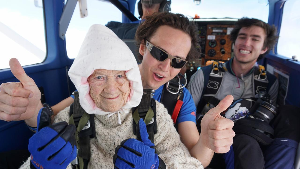 'At 102, Adelaide’s Irene O’Shea is the oldest person ever to jump off a plane. Picture: Bryce Sellick and Matt Teager