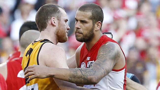 Jarryd Roughead consoles Lance Franklin after the 2014 Grand Final. Picture: David Caird.