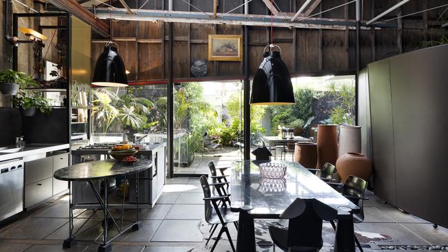 Tall glass doors to the courtyard.