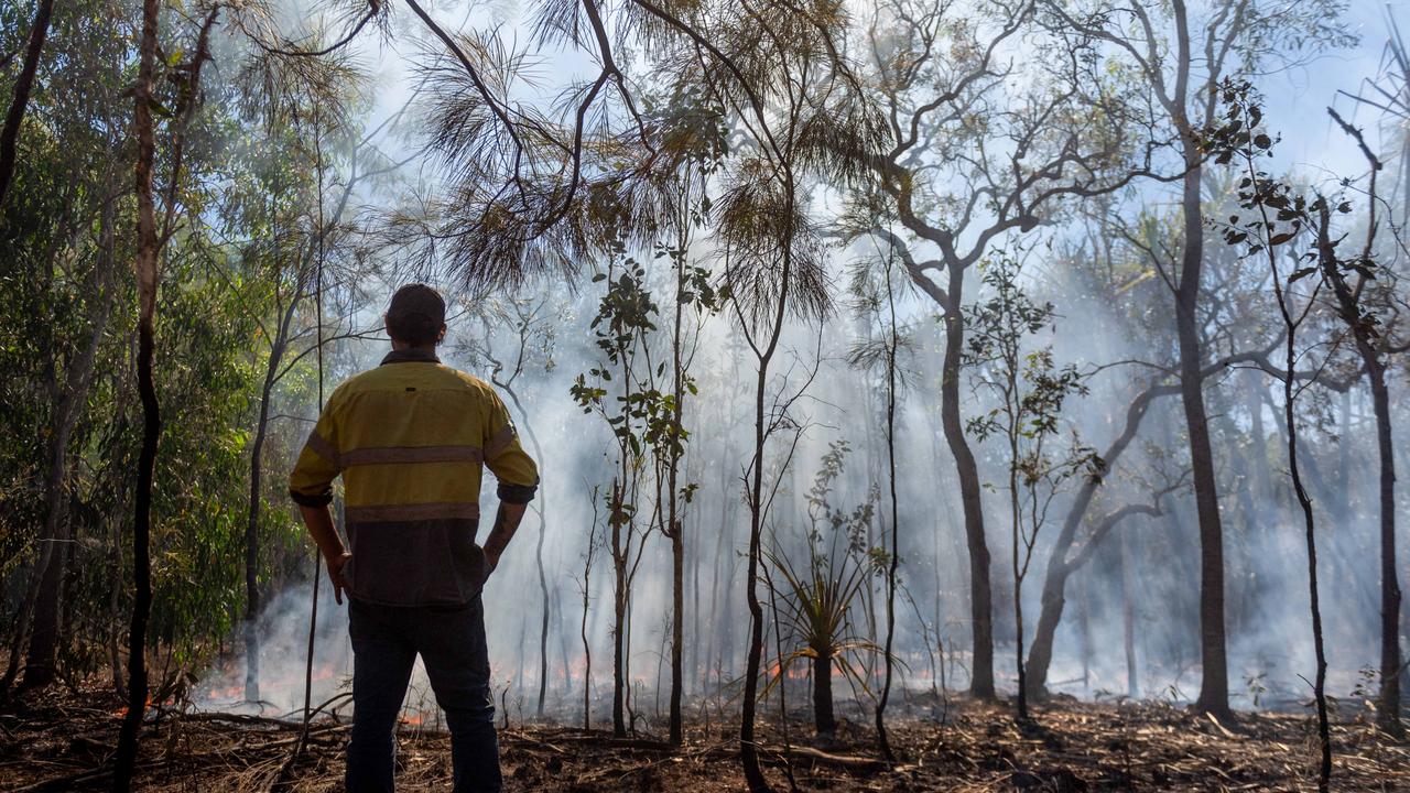 Grant Hopkins had his house surrounded by a bushfire on July 13, near near Noonamah . Local volunteer firefighters saved his house from any damage but the property was engulfed in flames. Picture: Che Chorley