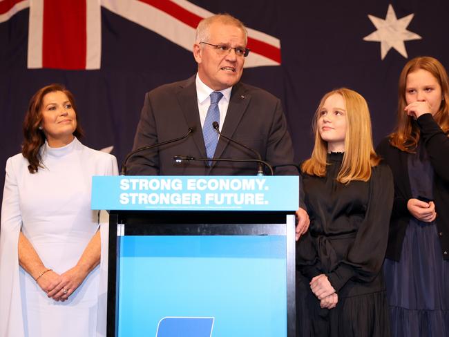 Former Prime Minister of Australia Scott Morrison, flanked by his wife Jenny Morrison and daughters Lily Morrison and Abbey Morrison conceded defeat.