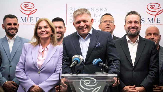 Robert Fico claims victory in Bratislava on Sunday. Picture: AFP