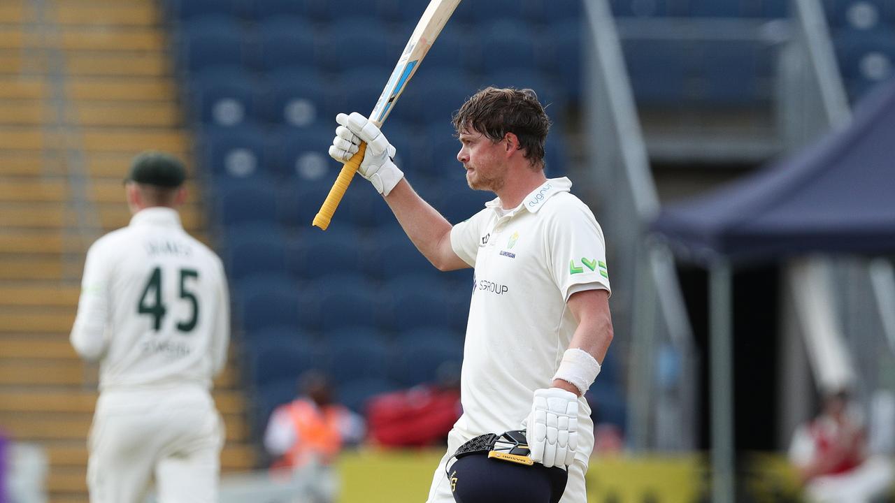 CARDIFF, WALES - JULY 13: Sam Northeast of Glamorgan raises their bat after reaching century during the LV= Insurance County Championship match between Glamorgan and Nottinghamshire at Sophia Gardens on July 13, 2022 in Cardiff, Wales. (Photo by Ryan Hiscott/Getty Images)