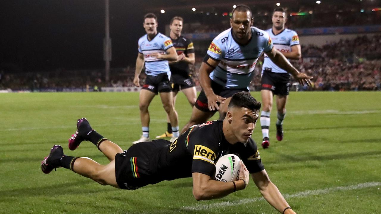 Panthers winger Charlie Staines scored three tries against the Sharks at Bluebet Stadium. Picture: Matt King/Getty Images