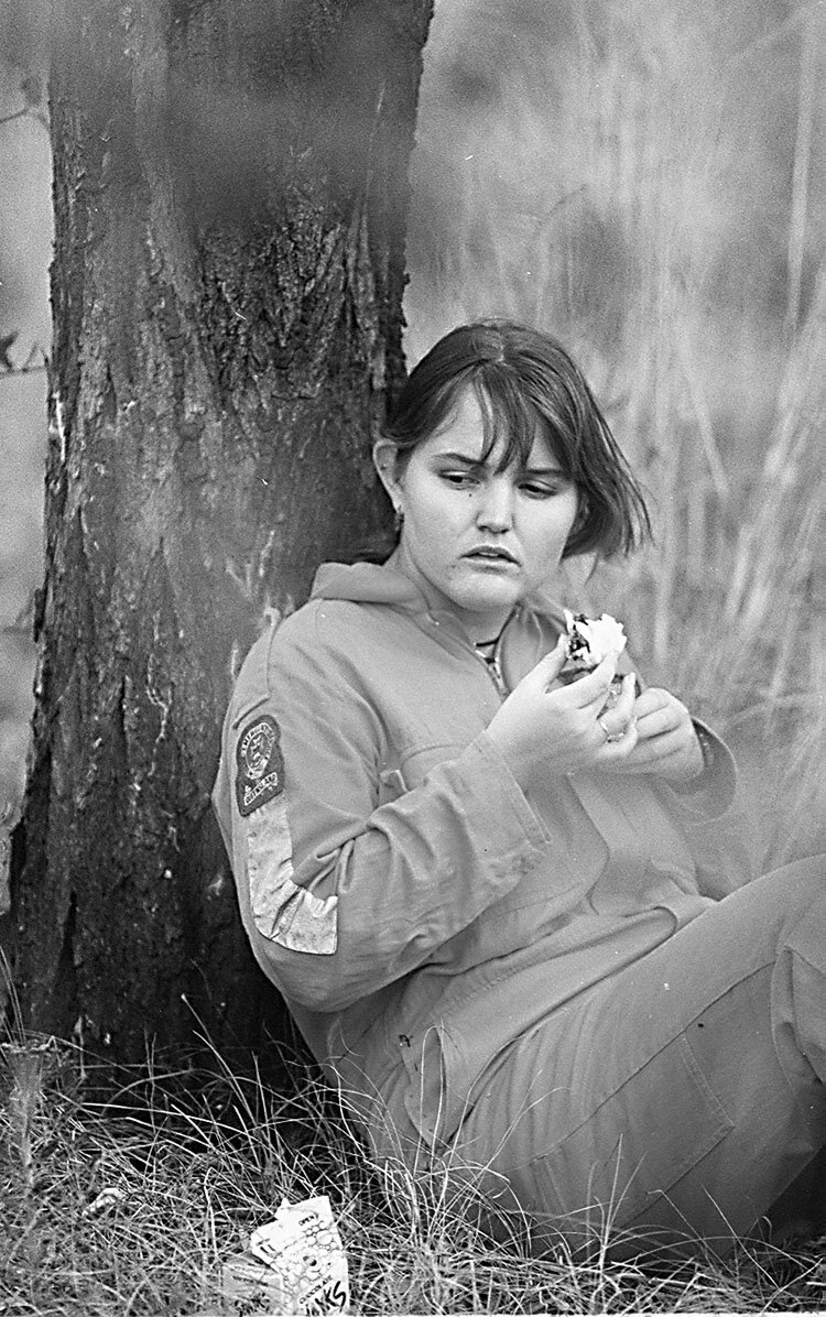 An SES volunteer takes a break from the gruelling search for Keyra Steinhardt.