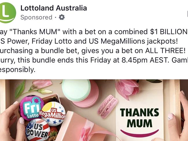 A sponsored Facebook post from controversial bookmaker Lottoland being received by women this week, in the lead up to Mother's Day. Picture: Facebook