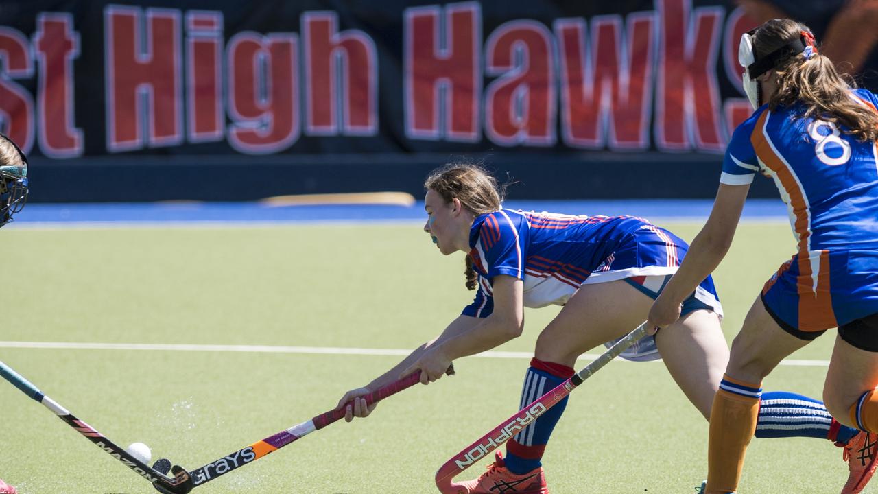 Ella Hagenbach shoots for Rangeville against Newtown in J1 girls Toowoomba Hockey Association grand final at Clyde Park, Saturday, September 11, 2021. Picture: Kevin Farmer