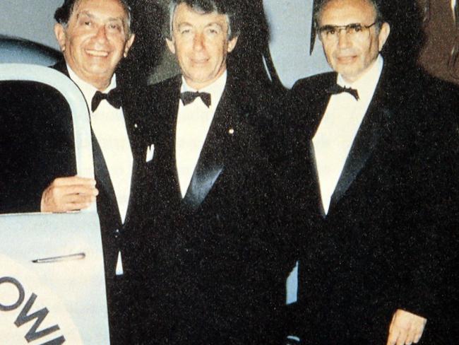 Klimenko is the adopted daughter of Westfield co-founder John Saunders pictured left with Frank Lowy and Sam Moss.