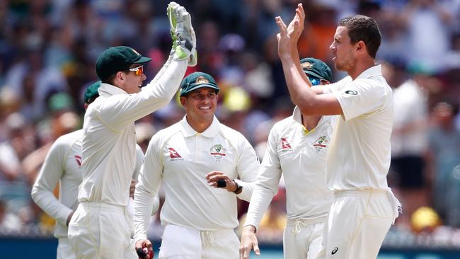 Josh Hazlewood celebrates after dismissing Dawid Malan. Picture: Getty Images.