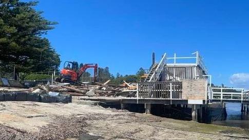 Demolition work this week at the wharf on Pittwater at Palm Beach that will accommodate the new, updated, Boathouse restaurant. Picture: Rudi Annus