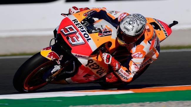 Repsol Honda Team's Spanish rider Marc Marquez takes a curve during the second MotoGP free practice session of the Valencia Grand Prix at Ricardo Tormo racetrack in Cheste, near Valencia on November 10, 2017.  / AFP PHOTO / PIERRE-PHILIPPE MARCOU