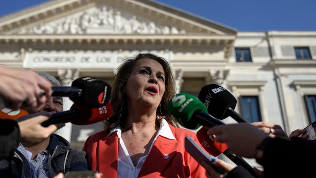 Activist and first transsexual elected to Spain's parliament Carla Antonelli speak to media in front of the Spanish Congress, in Madrid. Picture: AFP