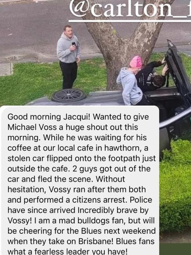 Michael Voss has been hailed a hero after chasing down the alleged culprit behind the crashing of a stolen car in Hawthorn on Tuesday. Picture: Instagram / Jacqui Felgate