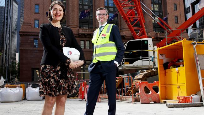 NSW Premier Gladys Berejiklian and Treasurer Dominic Perrottet at a construction site in Martin Place. Picture: Toby Zerna