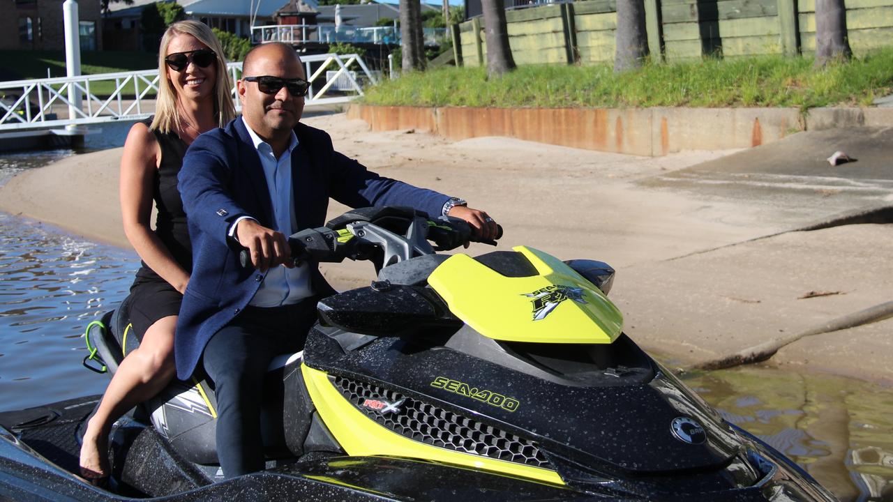 Principal Amir Mian of Amir Prestige on a jet ski to help sell a blue-chip vacant block in Paradise Waters.