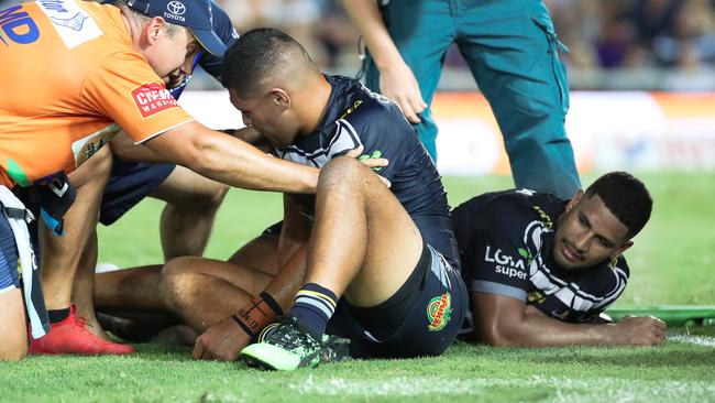 John Asiata (left) and Nene Macdonald both went down in the same play. 